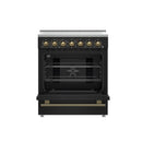 Forno 5-Piece Appliance Package - 30-Inch Electric Range, Wall Mount Range Hood, 60-Inch Refrigerator, Dishwasher, and 24-Inch Microwave Drawer in Black with Antique Brass Handle
