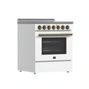 Forno 3-Piece Appliance Package - 30-Inch Electric Range, Wall Mount Range Hood, and 36-Inch Refrigerator in White with Antique Brass Handle