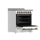 Forno 5-Piece Appliance Package - 30-Inch Electric Range, Wall Mount Range Hood, 60-Inch Refrigerator, Dishwasher, and 24-Inch Microwave Drawer in White with Antique Brass Handle