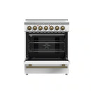 Forno 5-Piece Appliance Package - 30-Inch Electric Range, Wall Mount Range Hood, 60-Inch Refrigerator, Dishwasher, and 30-Inch Microwave Drawer in White with Antique Brass Handle
