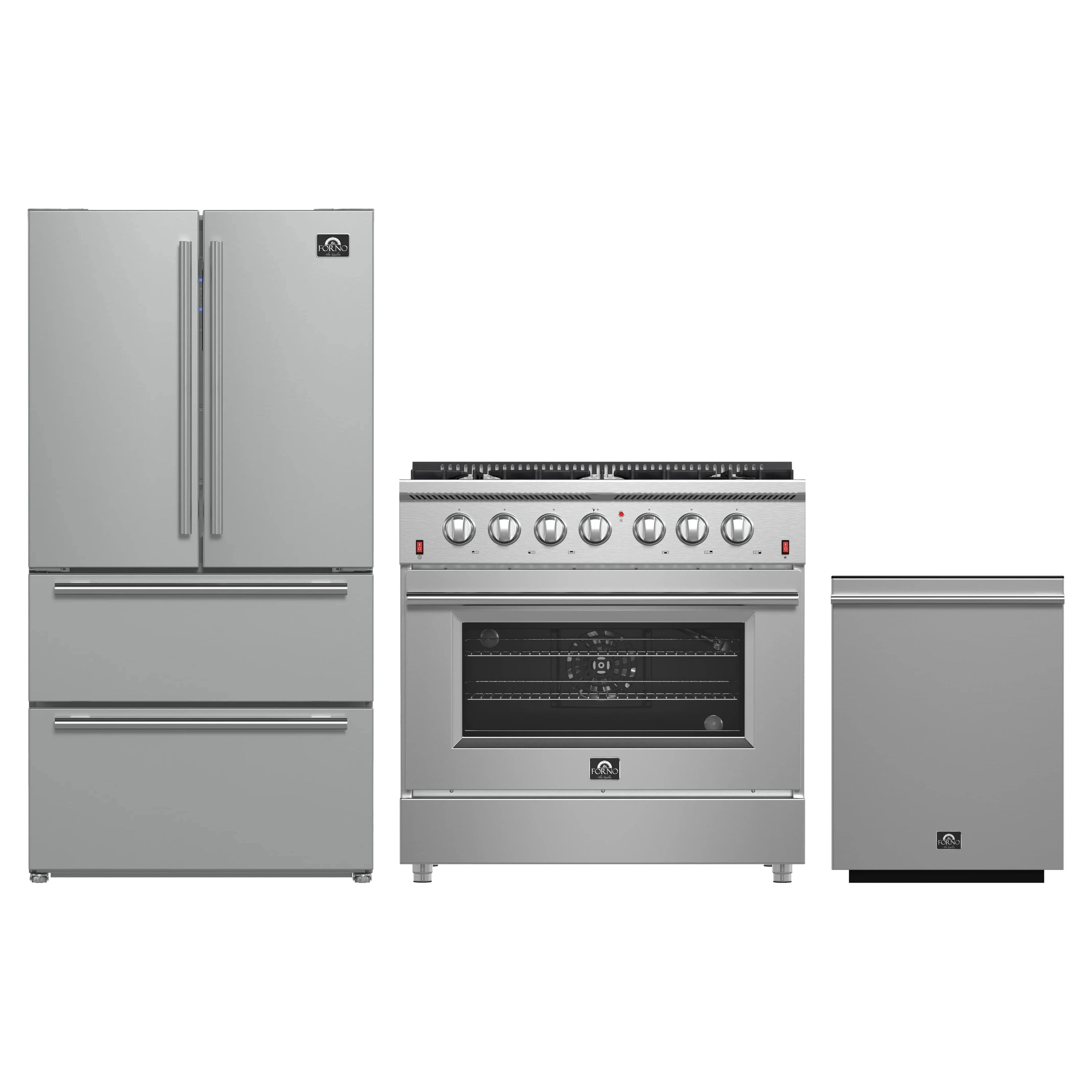 Forno 3-Piece Appliance Package - 36-Inch Gas Range, French Door Refrigerator, and Dishwasher in Stainless Steel (FBDL-004-01CAUS)