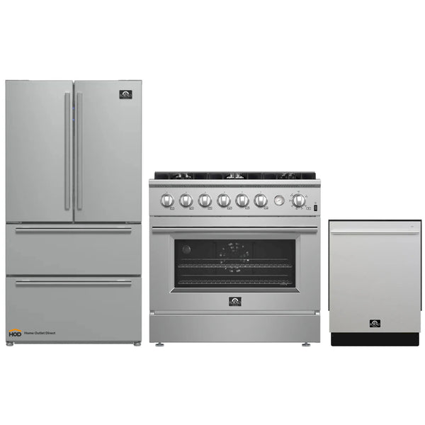 Forno 3-Piece Appliance Package - 36-Inch Marco Gas Range, French Door Refrigerator, & Dishwasher in Stainless Steel (FBDL-009-01CAUS)
