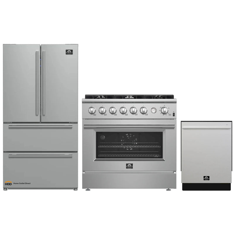 Forno 3-Piece Appliance Package - 36-Inch Marco Gas Range, French Door Refrigerator, & Dishwasher in Stainless Steel (FBDL-009-01CAUS)