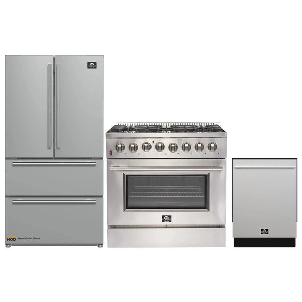 Forno 3-Piece Appliance Package - 36-Inch Galiano Dual Fuel Range, French Door Refrigerator, & Dishwasher in Stainless Steel (FBDL-009-02CAUS)