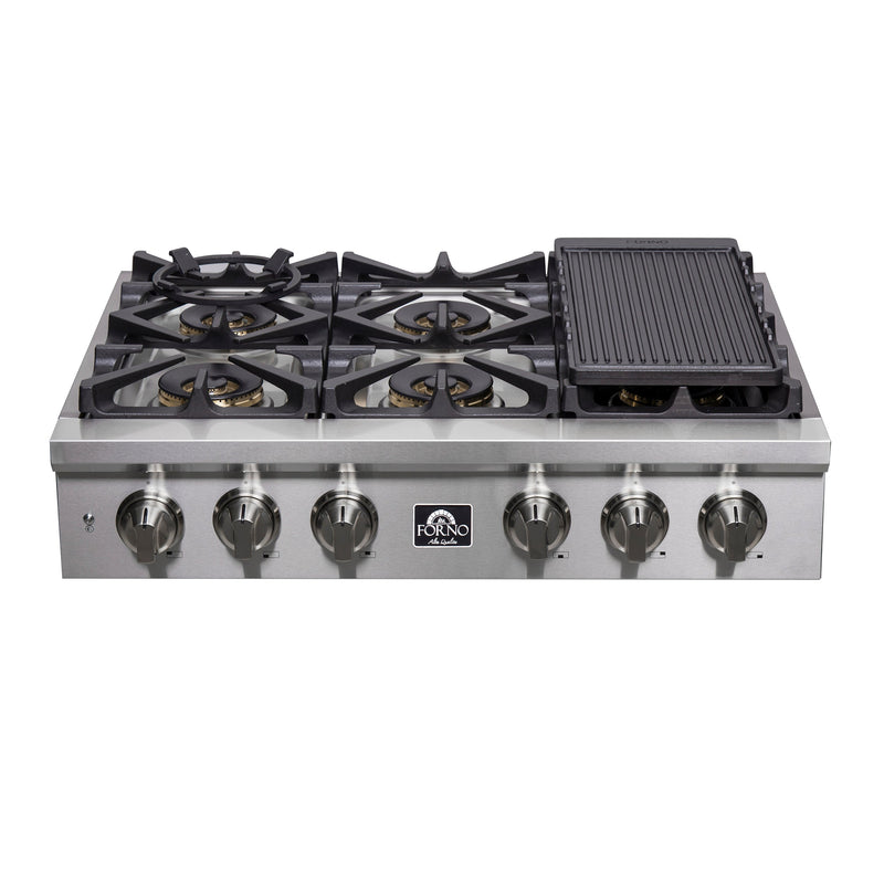 Forno 3-Piece Appliance Package - 36-Inch Spezia Gas Rangetop, 30-Inch French Door Double Wall Oven in Stainless Steel, & 30-Inch Compact Oven in Stainless Steel
