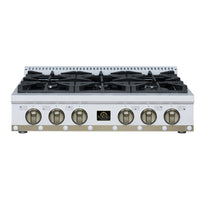 Forno Ambassador 36-Inch Gas Cooktop in White with 6 Sealed Burners, 71,000 BTU Output, 1 Antique Brass Dual-Ring Burner, Continuous Cast Iron Grates (FCTGS5799-36CPWHT)