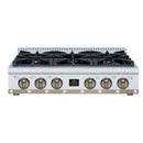 Forno Ambassador 36-Inch Gas Cooktop in White with 6 Sealed Burners, 71,000 BTU Output, 1 Antique Brass Dual-Ring Burner, Continuous Cast Iron Grates (FCTGS5799-36CPWHT)