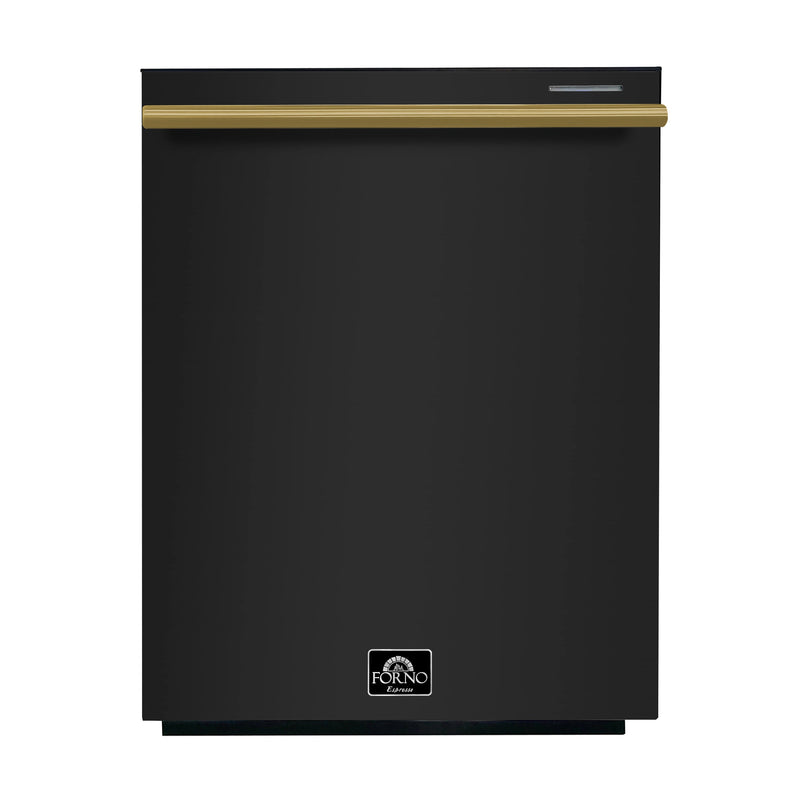 Forno 5-Piece Appliance Package - 30-Inch Gas Range, Under Cabinet Range Hood,  French Door Refrigerator, Dishwasher, and  Microwave Drawer in Black with Antique Brass Trim
