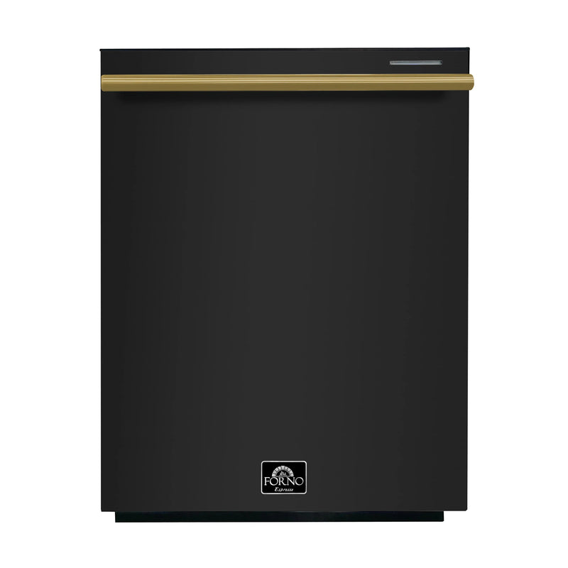 Forno 4-Piece Appliance Package - 36-Inch Gasl Fuel Range, Wall Mount Range Hood, 60-Inch Built-In Convertible Refrigerator, and Dishwasher in Black with Antique Brass Handle