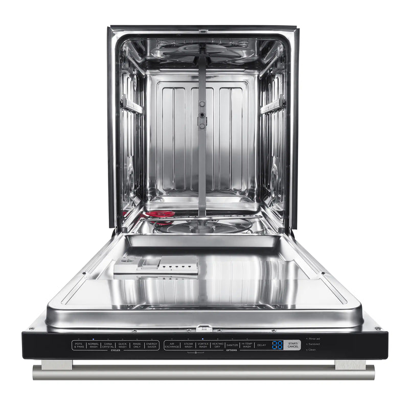 Forno 4-Piece Appliance Package - 36-Inch Gasl Fuel Range, Wall Mount Range Hood, 60-Inch Built-In Convertible Refrigerator, and Dishwasher in Black with Antique Brass Handle