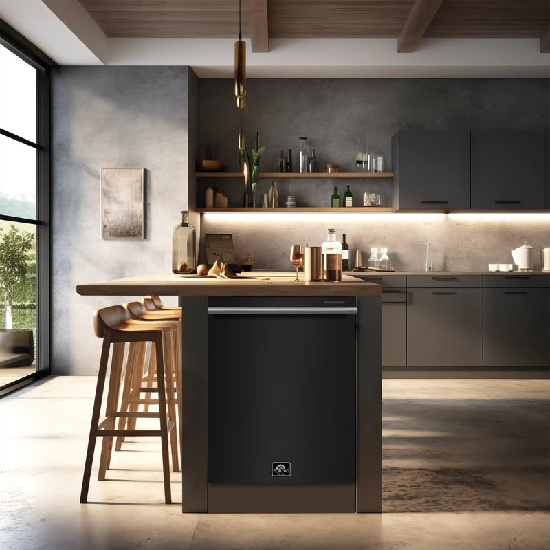 Forno 5-Piece Appliance Package - 30-Inch Gas Range, Under Cabinet Range Hood,  French Door Refrigerator, Dishwasher, and  Microwave Drawer in Black with Antique Brass Trim