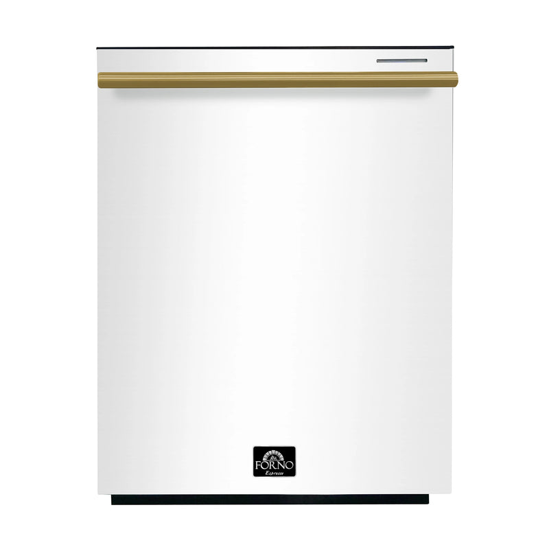 Forno Galiano 5-Piece Appliance Package - 48-Inch Dual Fuel Range, 48-Inch Hood, 36-Inch Refrigerator, 24-Inch Dishwasher, & 24-Inch Microwave Drawer in White with Antique Brass Trim