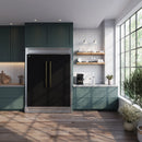 Forno Maderno 60-Inch 27.2 Cu. Ft. Built-In Convertible Refrigerator and Freezer in Black with Modern Trim and Antique Brass Handles shown in a styled kitchen