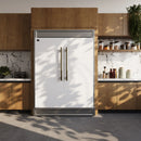 Forno Maderno 60-Inch 27.2 Cu. Ft. Built-In Convertible Refrigerator/Freezer with Decorative Trim, Antique Brass Handle shown in a styled kitchen