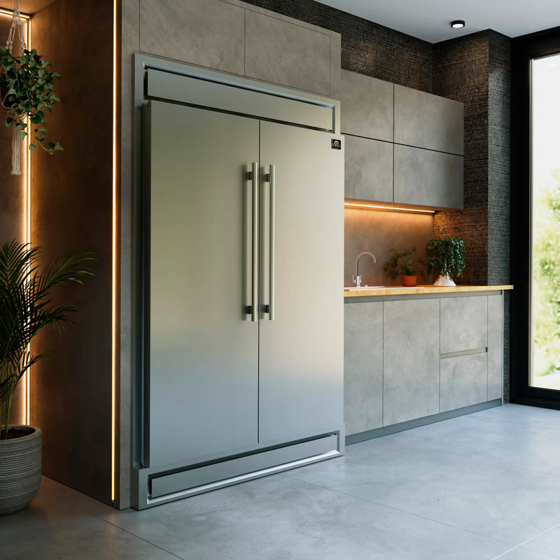 Forno 4-Piece Appliance Package - 36-Inch Gas Range, Wall Mount Range Hood, 60-Inch Built-In Convertible Refrigerator, and Dishwasher in Stainless Steel