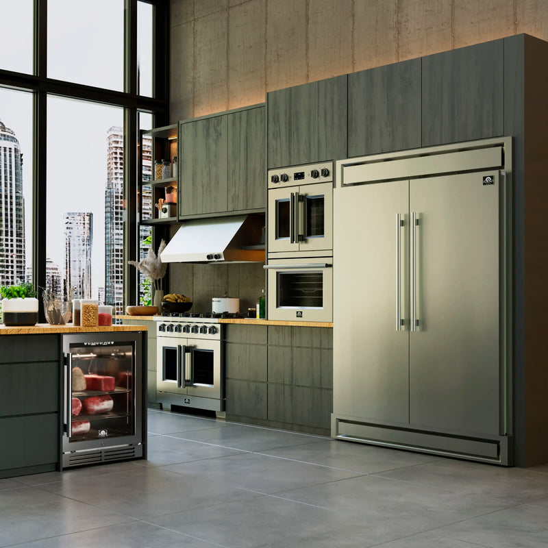 Forno 4-Piece Appliance Package - 36-Inch Gas Range, Wall Mount Range Hood, 60-Inch Built-In Convertible Refrigerator, and Dishwasher in Stainless Steel