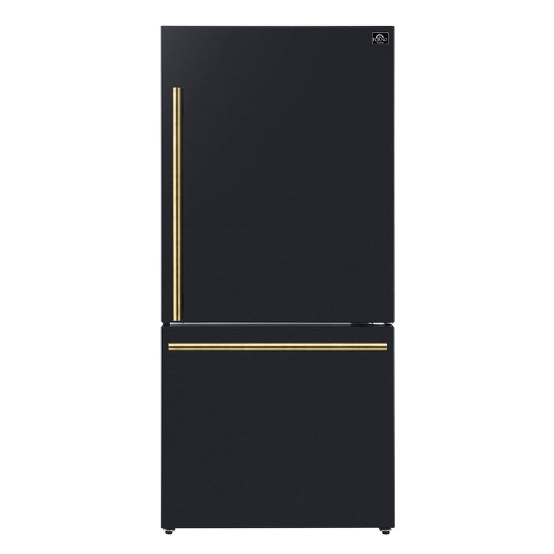 Forno 3-Piece Appliance Package - 30-Inch Espresso Electric Range, Under Cabinet Range Hood, & 31-Inch Refrigerator in Black with Antique Brass Handle