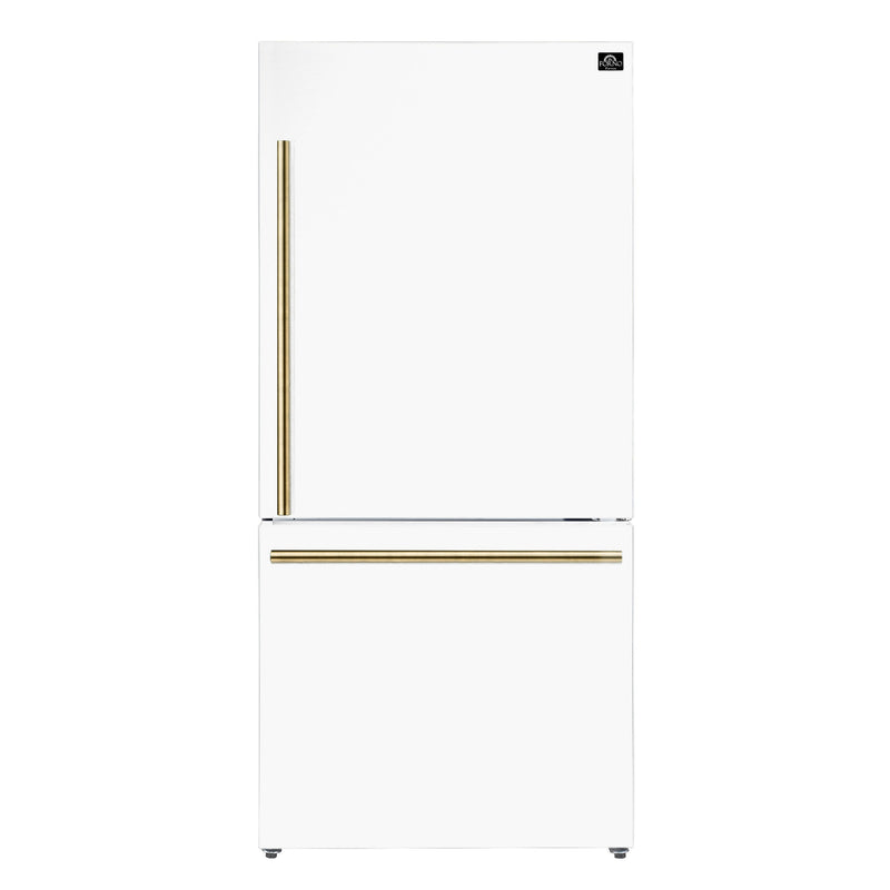 Forno 3-Piece Appliance Package - 30-Inch Espresso Electric Range, Under Cabinet Range Hood, & 31-Inch Refrigerator in White with Antique Brass Handle