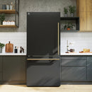 Forno Milano Espresso 31-Inch 17.2 cu. ft. Refrigerator and Bottom Freezer in Black with Antique Brass Handle, Left Hinge shown in a styled kitchen