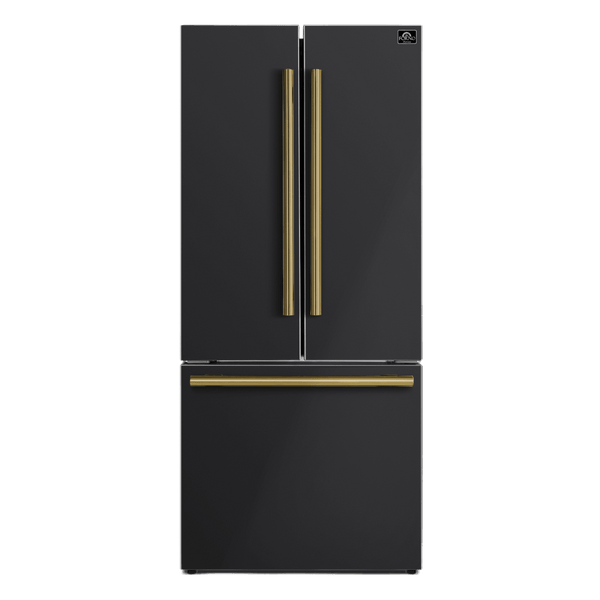 Forno Espresso Gallipoli 30-inch 17.5 cu. ft. French Door Refrigerator with Ice Maker in Black with Antique Brass Handle (FFFFD1974-31BLK)