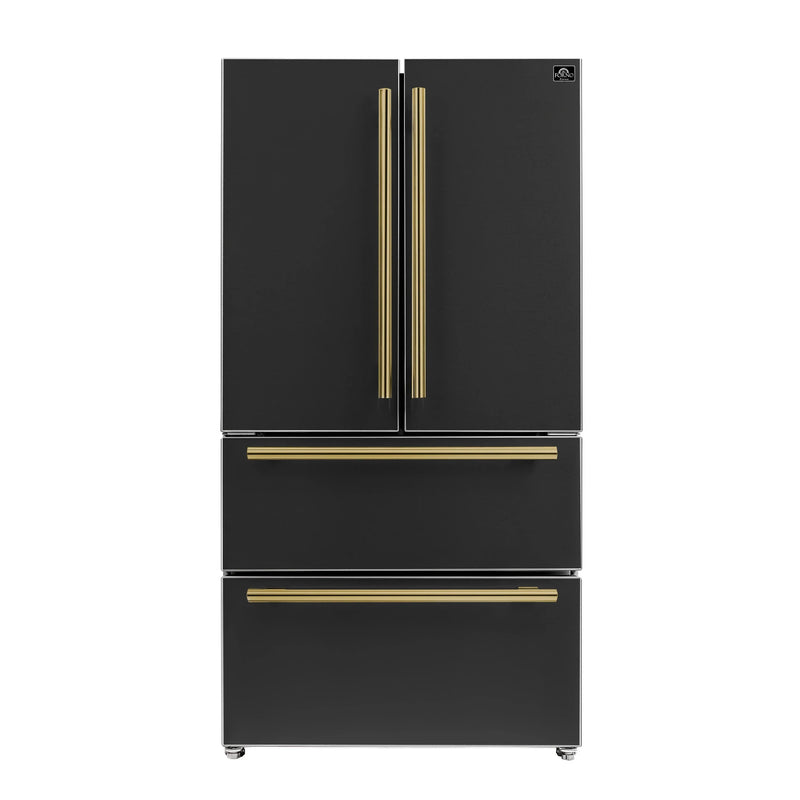 Forno 5-Piece Appliance Package - 30-Inch Gas Range, Under Cabinet Range Hood,  French Door Refrigerator, Dishwasher, and  Microwave Drawer in Black with Antique Brass Trim