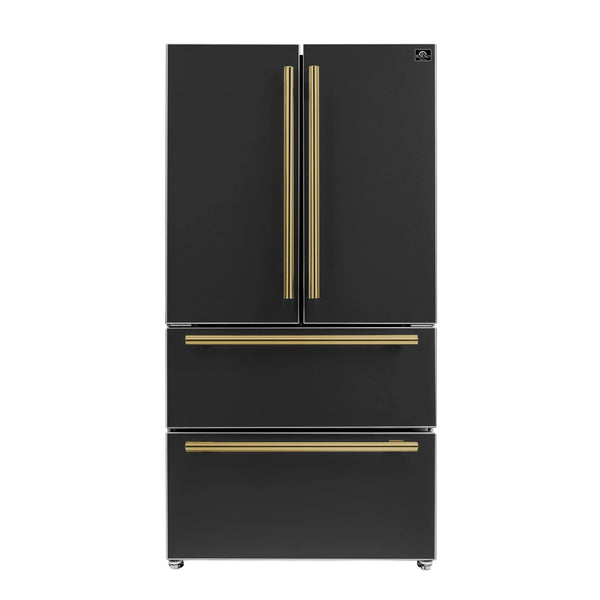 Forno Espresso Moena 36-inch 19.2 Cu.ft French Door Refrigerator in Black with Brass Handle (FFRBI1820-36BLK)
