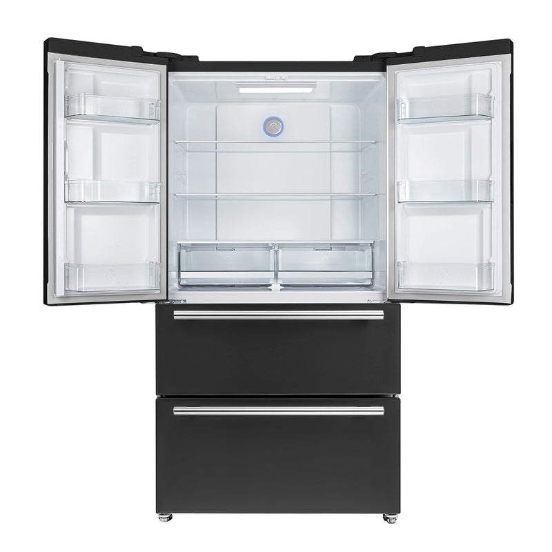 Forno 5-Piece Appliance Package - 30-Inch Gas Range, Under Cabinet Range Hood,  French Door Refrigerator, Dishwasher, and  Microwave Drawer in Black with Antique Brass Trim
