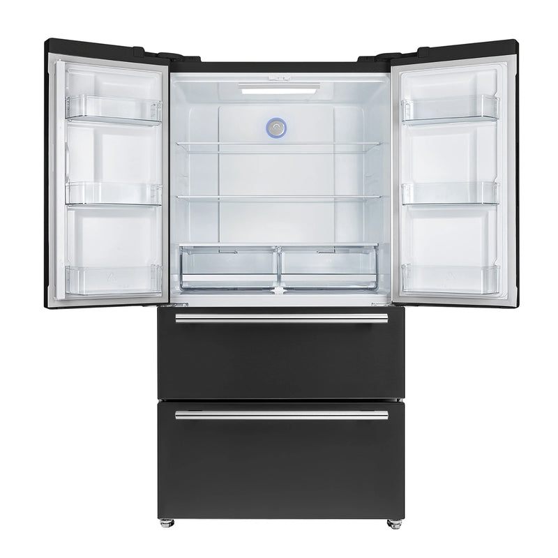Forno 5-Piece Appliance Package - 30-Inch Gas Range, Under Cabinet Range Hood,  French Door Refrigerator, Dishwasher, and  Microwave Drawer in Black with Antique Brass Trim