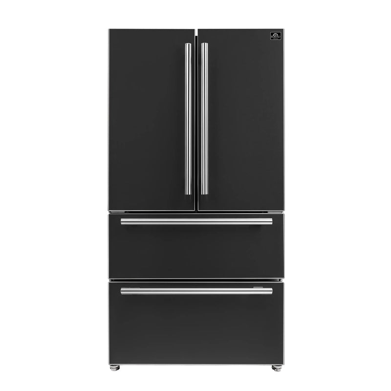 Forno 5-Piece Appliance Package - 30-Inch Gas Range, Under Cabinet Range Hood,  French Door Refrigerator, Dishwasher, and  Microwave Drawer in Black with Antique Brass Trim