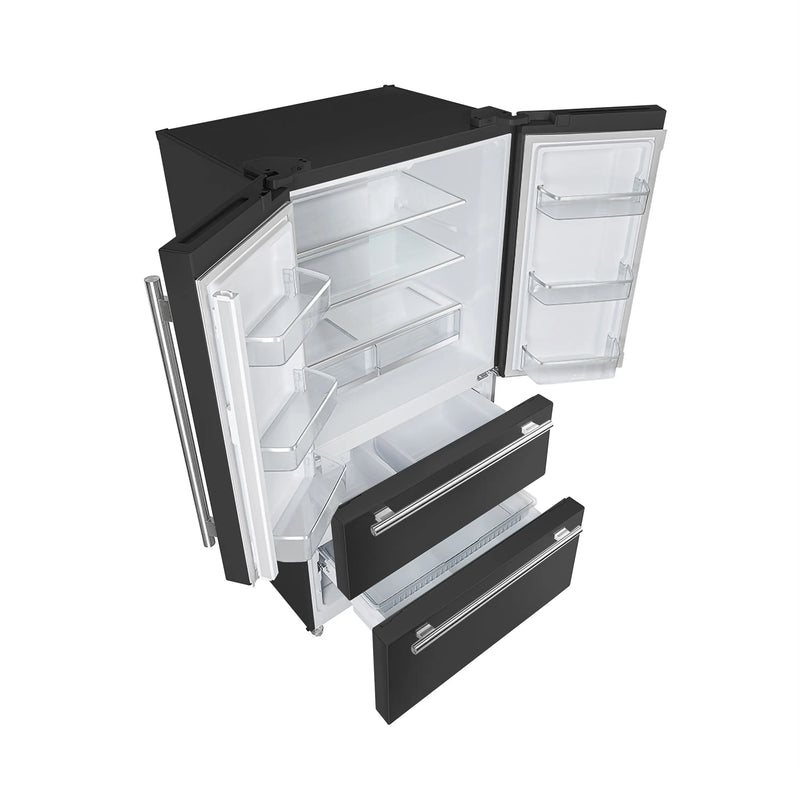 Forno 5-Piece Appliance Package - 30-Inch Gas Range, Under Cabinet Range Hood,  French Door Refrigerator, Dishwasher, and  Microwave Drawer in Black with Antique Brass Trim