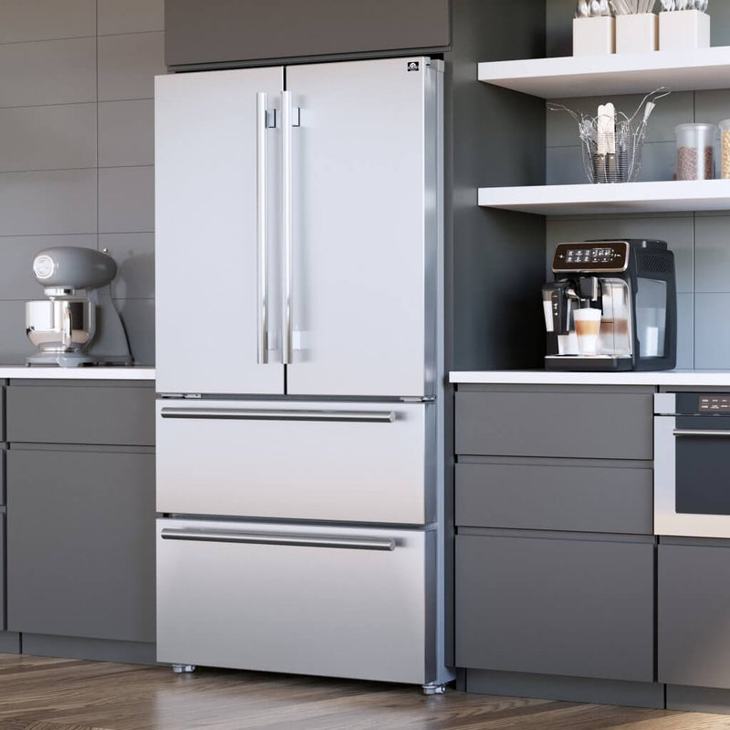 Forno 3-Piece Pro Appliance Package - 36-Inch Dual Fuel Range, French Door Refrigerator, and Dishwasher in Stainless Steel