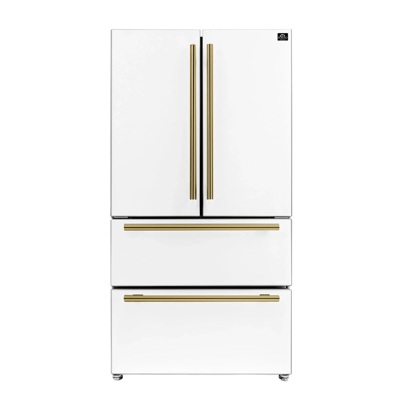Forno Galiano 5-Piece Appliance Package - 36-Inch Dual Fuel Range, 36-Inch Hood, 36-Inch Refrigerator, 24-Inch Dishwasher, & 24-Inch Microwave Drawer in White with Antique Brass Trim