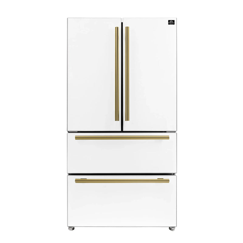 Forno 4-Piece Appliance Package - 36-Inch Gas Range, Wall Mount Range Hood, 36-Inch French Door Refrigerator, and Dishwasher in White with Antique Brass Handle