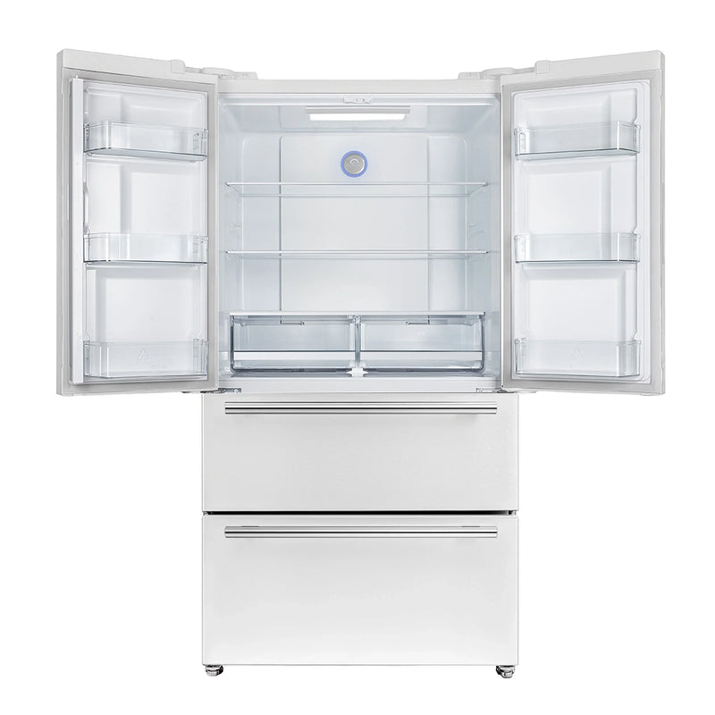 Forno Galiano 5-Piece Appliance Package - 36-Inch Dual Fuel Range, 36-Inch Hood, 36-Inch Refrigerator, 24-Inch Dishwasher, & 24-Inch Microwave Oven in White with Antique Brass Trim