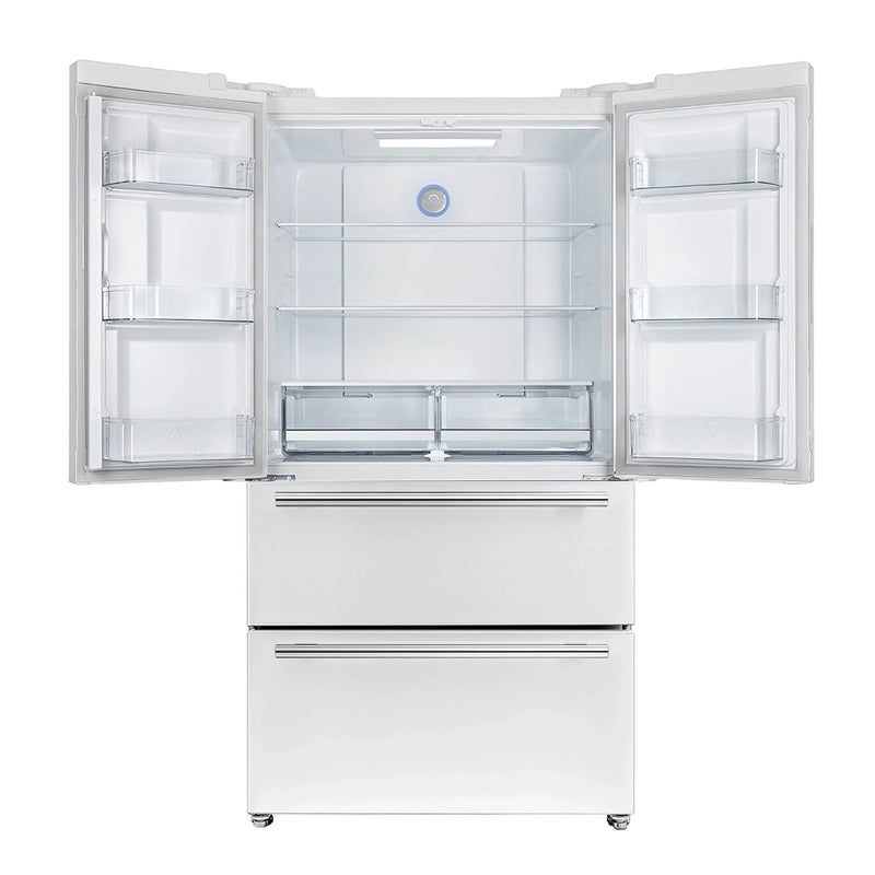Forno Galiano 5-Piece Appliance Package - 48-Inch Dual Fuel Range, 48-Inch Hood, 36-Inch Refrigerator, 24-Inch Dishwasher, & 30-Inch Microwave Oven in White with Antique Brass Trim