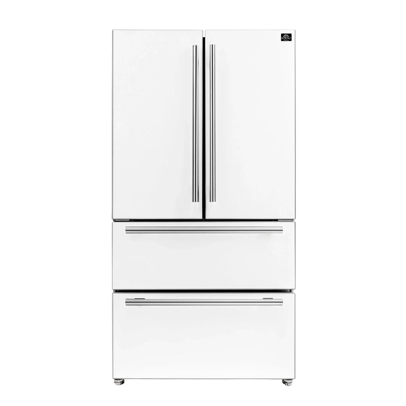 Forno Galiano 5-Piece Appliance Package - 36-Inch Dual Fuel Range, 36-Inch Hood, 36-Inch Refrigerator, 24-Inch Dishwasher, & 24-Inch Microwave Drawer in White with Antique Brass Trim
