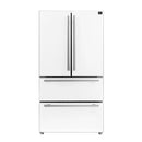 Forno Antico 5-Piece Appliance Package - 36-Inch Gas Range, 36-Inch Hood, 36-Inch Refrigerator, 24-Inch Dishwasher, & 30-Inch Microwave Oven in White with Antique Brass Trim