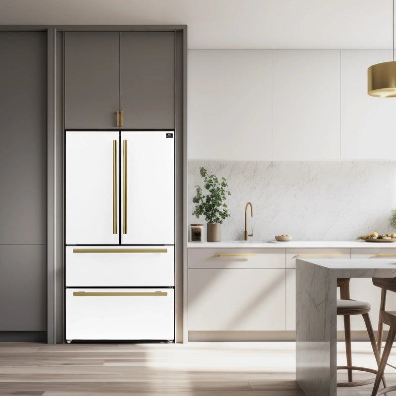 Forno Galiano 4-Piece Appliance Package - 36-Inch Gas Range, 36-Inch Hood, 36-Inch Refrigerator, & 24-Inch Dishwasher in White with Antique Brass Trim