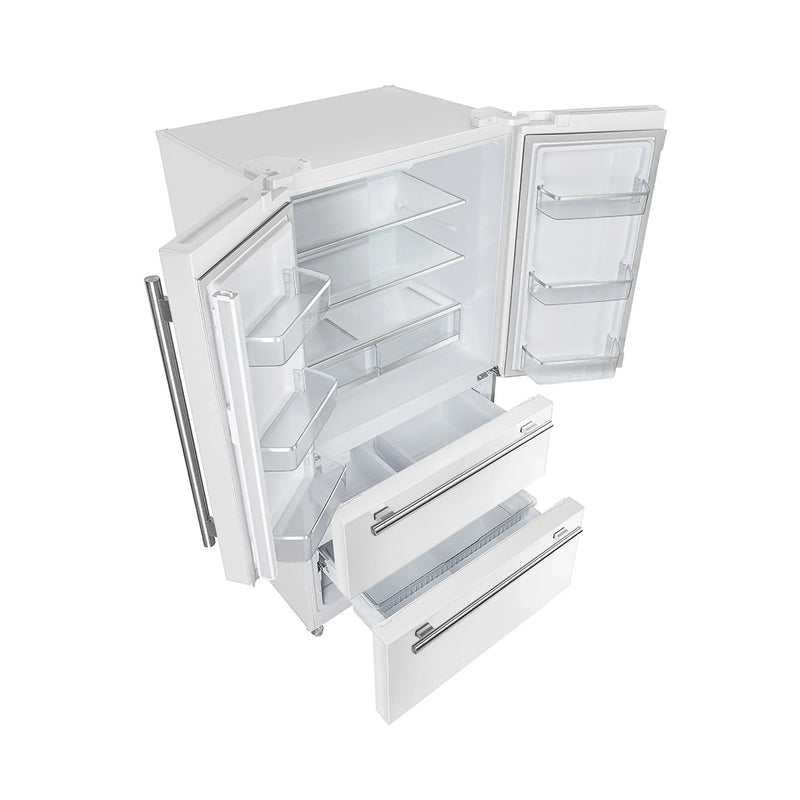 Forno Galiano 5-Piece Appliance Package - 36-Inch Dual Fuel Range, 36-Inch Hood, 36-Inch Refrigerator, 24-Inch Dishwasher, & 24-Inch Microwave Drawer in White with Antique Brass Trim