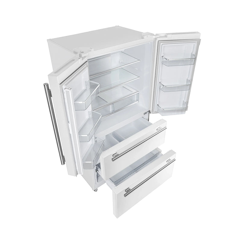 Forno Galiano 5-Piece Appliance Package - 48-Inch Dual Fuel Range, 48-Inch Hood, 36-Inch Refrigerator, 24-Inch Dishwasher, & 30-Inch Microwave Oven in White with Antique Brass Trim
