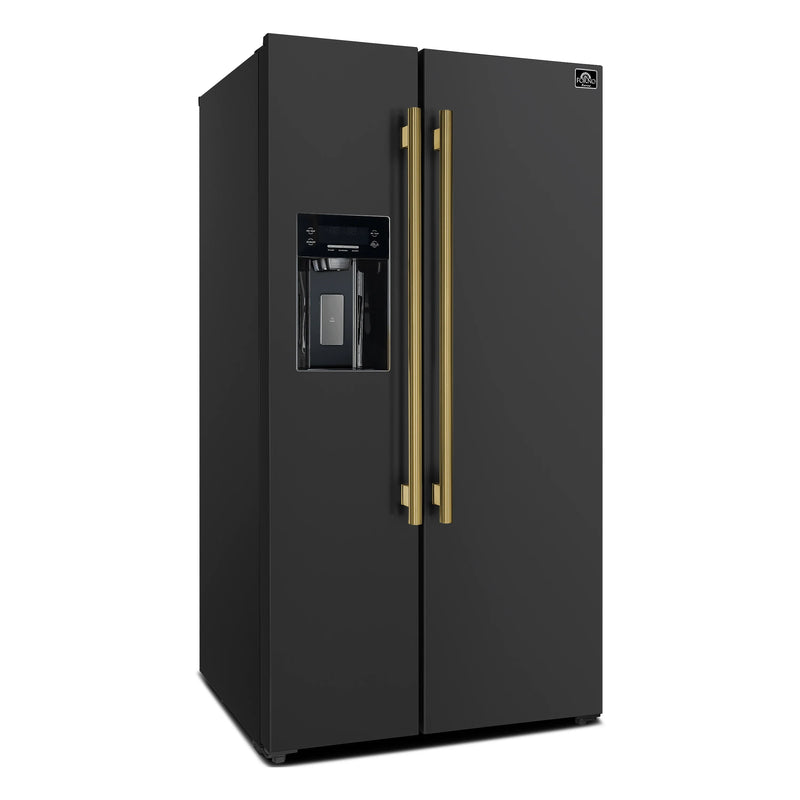 Forno Espresso Salerno 36-inch 20 cu.ft Side-by-Side Refrigerator with Water Dispenser in Black with Antique Brass Handle (FFRBI1844-36BLK)