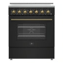 Forno 4-Piece Appliance Package - 30-Inch Electric Range, Wall Mount Range Hood, 36-Inch Refrigerator, and Dishwasher in Black with Antique Brass Handle
