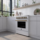 Forno 4-Piece Appliance Package - 30-Inch Electric Range, Wall Mount Range Hood, 36-Inch Refrigerator, and Dishwasher in White with Antique Brass Handle