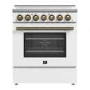 Forno 4-Piece Appliance Package - 30-Inch Electric Range, Wall Mount Range Hood, 60-Inch Refrigerator, and Dishwasher in White with Antique Brass Handle