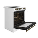 Forno 4-Piece Appliance Package - 30-Inch Espresso Electric Range , Wall Mount Range Hood, 60-Inch Built-In Convertible Refrigerator, and Dishwasher in White with Antique Brass Handle