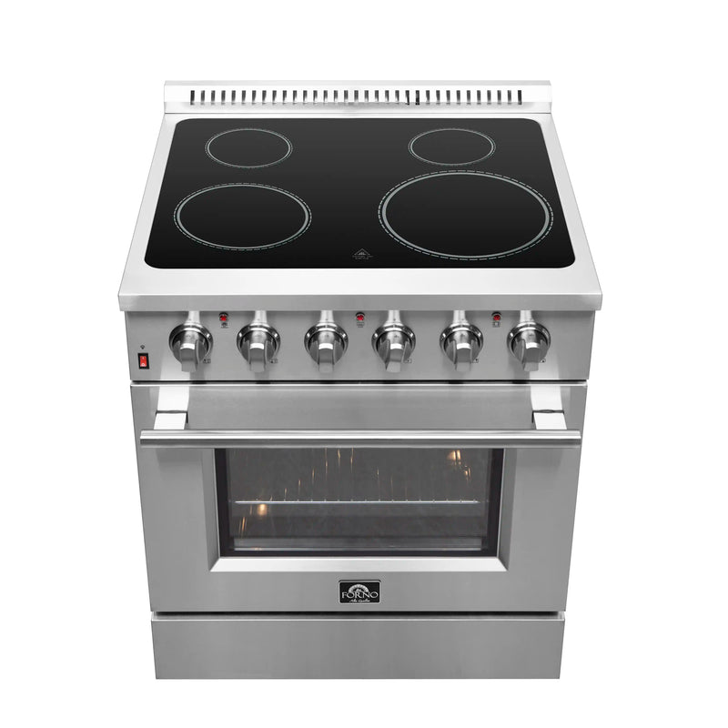 Forno 4-Piece Appliance Package - 30-Inch Electric Range, Wall Mount Range Hood with Backsplash, Pro-Style Refrigerator, and Dishwasher in Stainless Steel