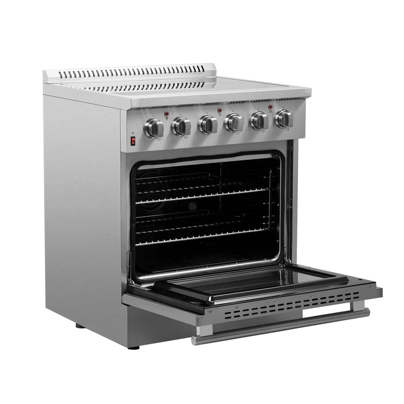 Forno 5-Piece Appliance Package - 30-Inch Electric Range, Wall Mount Range Hood, French Door Refrigerator, Dishwasher, and MicrowaveOven in Stainless Steel