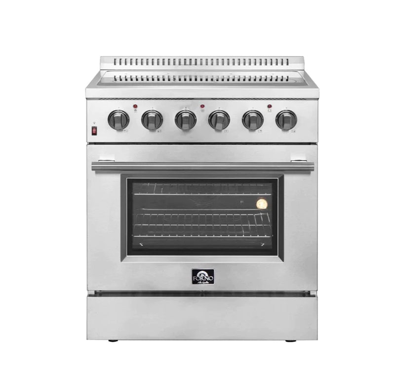 Forno 5-Piece Appliance Package - 30-Inch Electric Range, Wall Mount Range Hood with Backsplash, French Door Refrigerator, Dishwasher, and 24-Inch Microwave Drawer in Stainless Steel