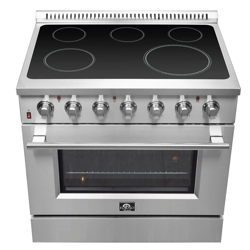 Forno 5-Piece Appliance Package - 36-Inch Electric Range, Wall Mount Range Hood with Backsplash, French Door Refrigerator, Dishwasher, and 24-Inch Microwave Drawer in Stainless Steel