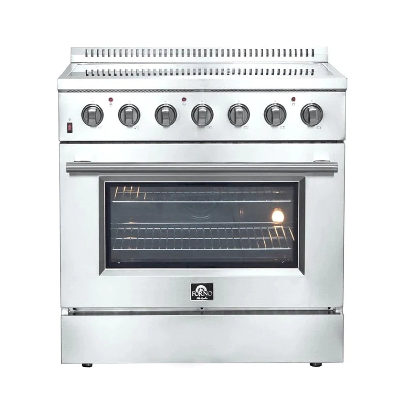 Forno 5-Piece Appliance Package - 36-Inch Electric Range, Wall Mount Range Hood with Backsplash, French Door Refrigerator, Dishwasher, and 24-Inch Microwave Oven in Stainless Steel